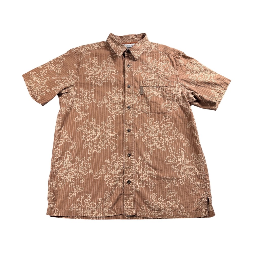 Columbia Mens Brown Floral Pinstripe Short‎ Sleeve Button Down Shirt Large L
